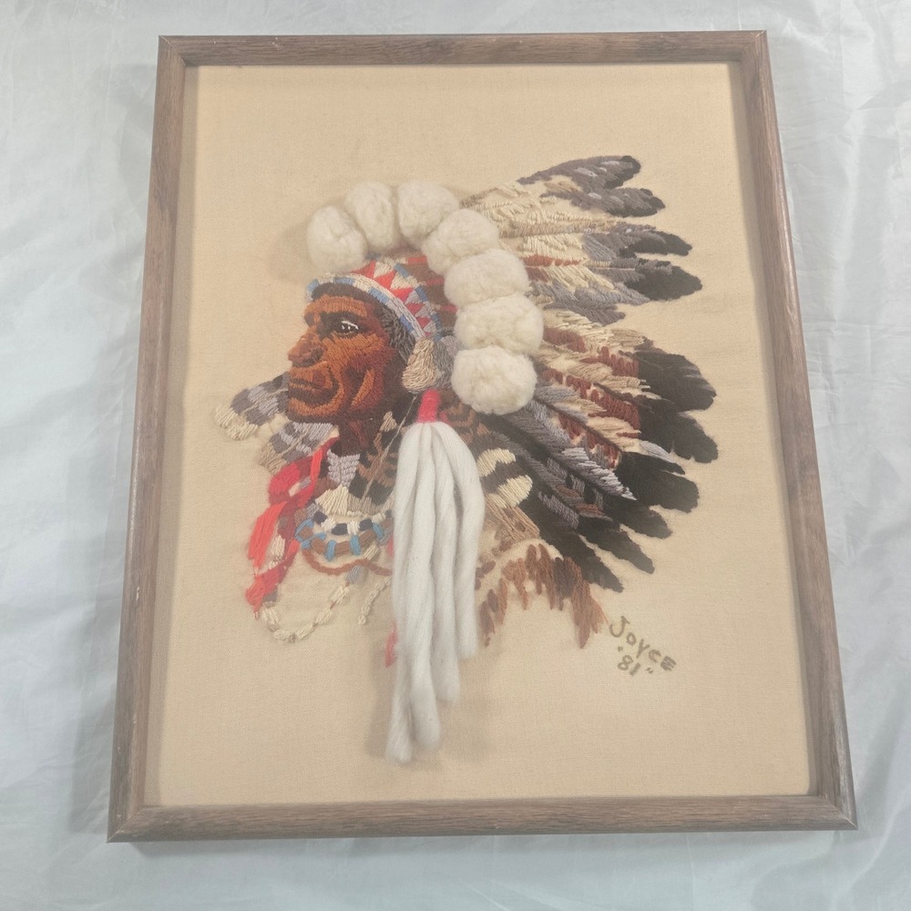 Vintage 1981 Hand Embroidery Needlepoint Native American Chief Framed Wall Art - Picture 2 of 16